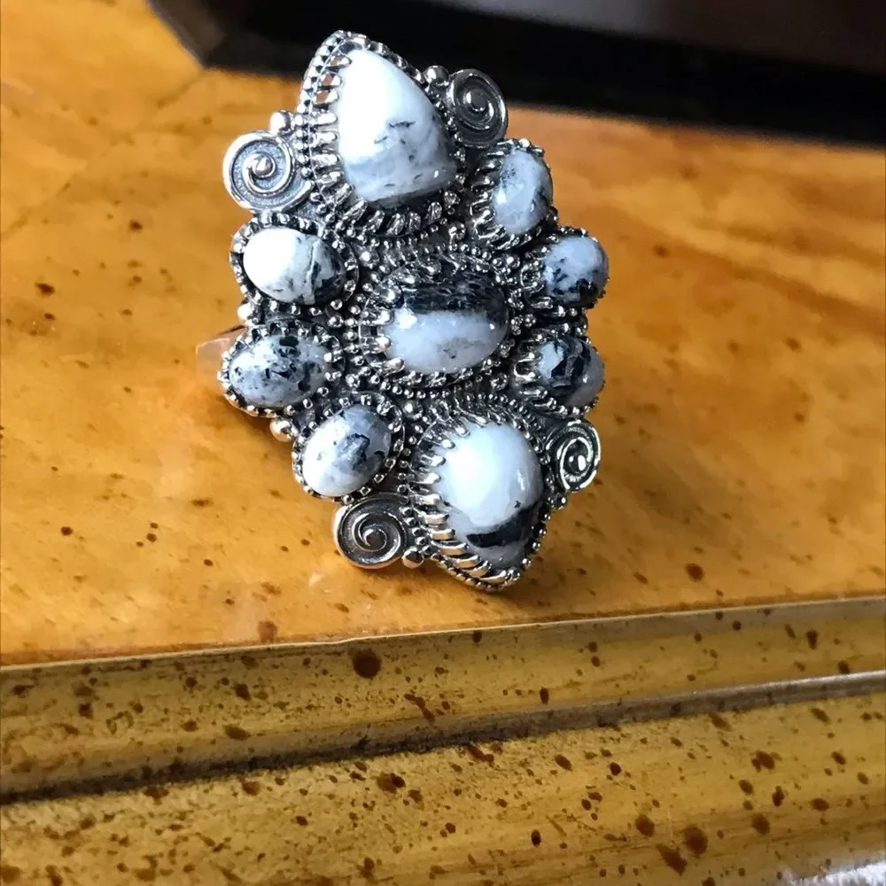White Buffalo Sterling Silver Statement Ring Size 8